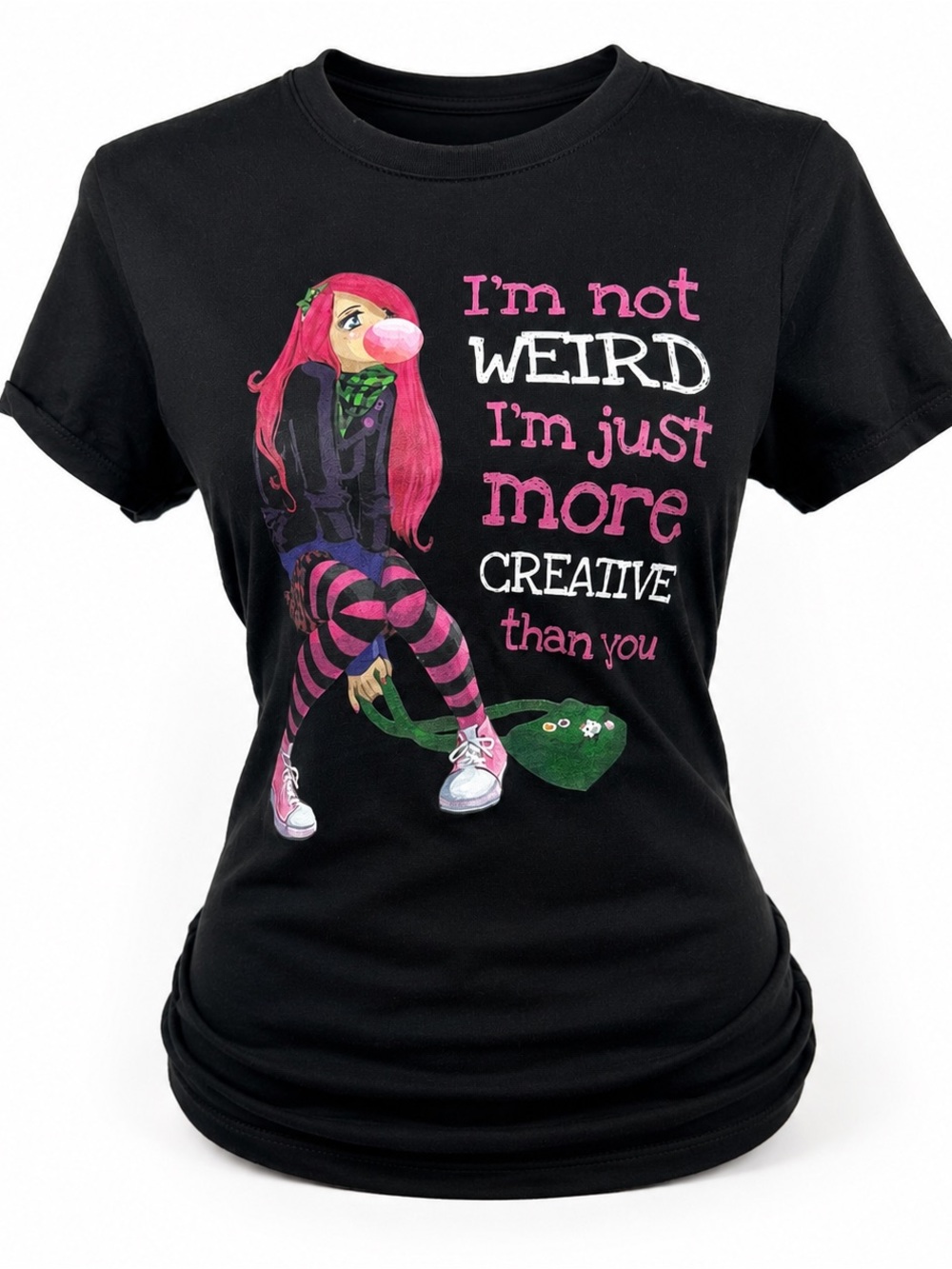 Port and Company Black Tee with Pink Graphic Girl and Green Accents